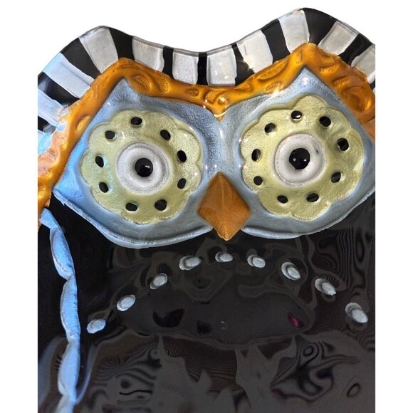 Black Gold Silver Art Deco Modern Owl Fused Iridescent Glass Trinket Bowl Dish - Picture 2 of 4